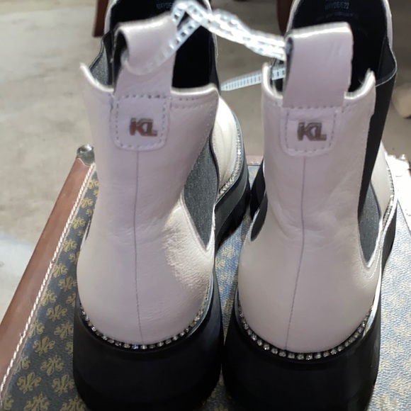 Chelsea Booties from Karl Lagerfeld Paris, White w/Rhinestones Trim Lug Sole NEW - Picture 4 of 11
